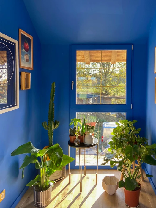 Intérieur design avec murs et plafond peints en bleu Klein intense