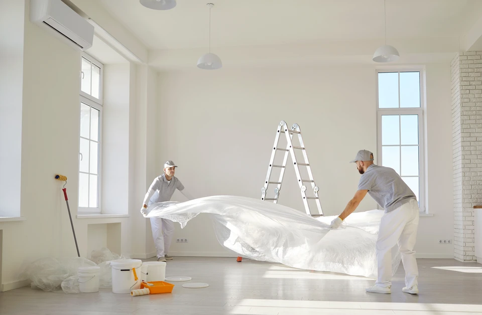 Ouvrier en vêtements de protection utilisant une ponceuse électrique rotative sur parquet en bois clair dans un intérieur résidentiel avec mur en briques apparentes