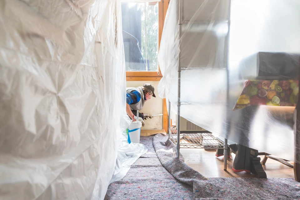 Une femme peintre en salopette bleue et casque de sécurité blanc applique de la peinture murale avec un rouleau